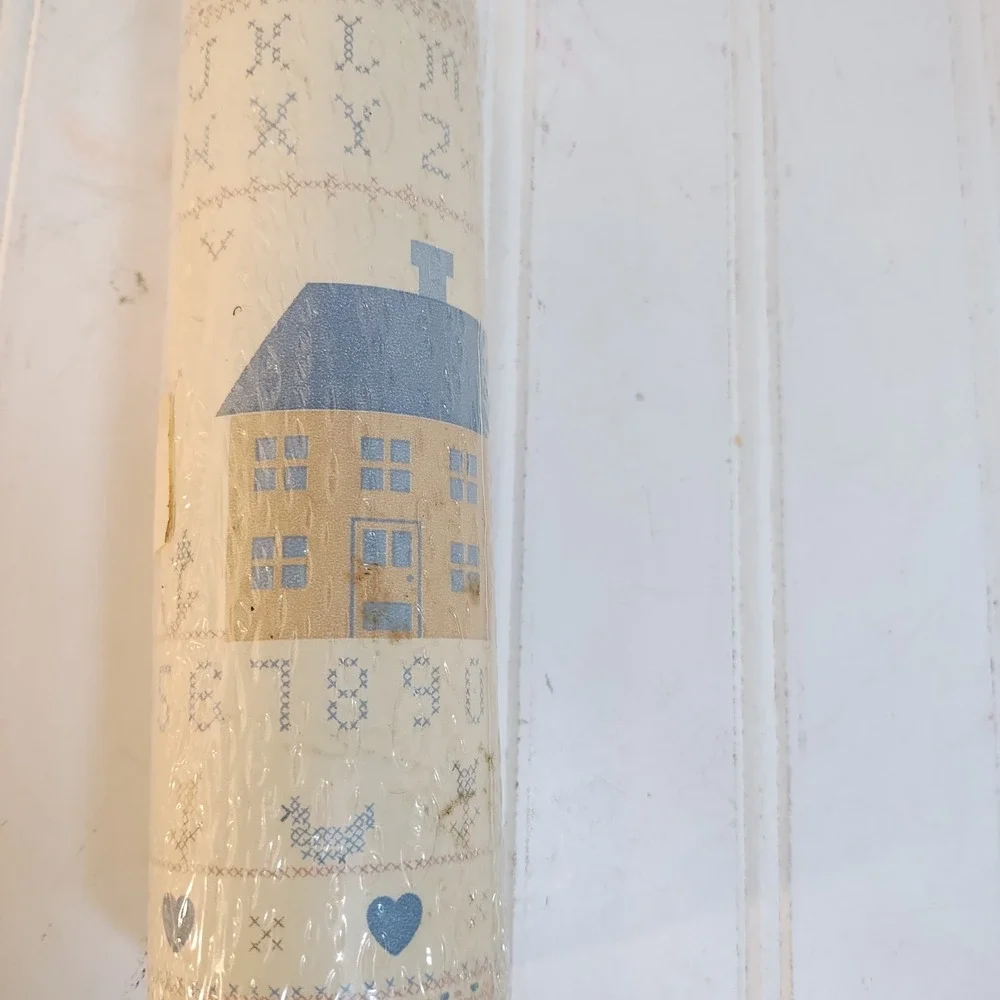 3 VTG Country Cottagecore Wallpaper Border Folk Art Cross Stitch House NEW 5 Yds